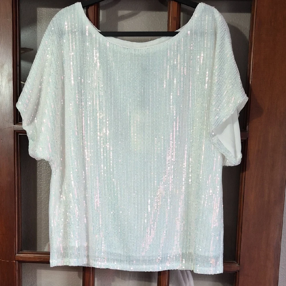 Vine & Love Iridescent Sequin Short-Sleeve Top - White - Picture 1 of 4